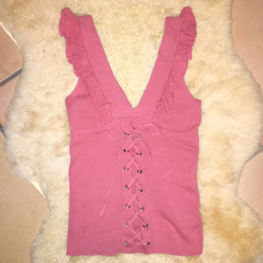 Pink EXPRESS Ruffle Lace Up Top